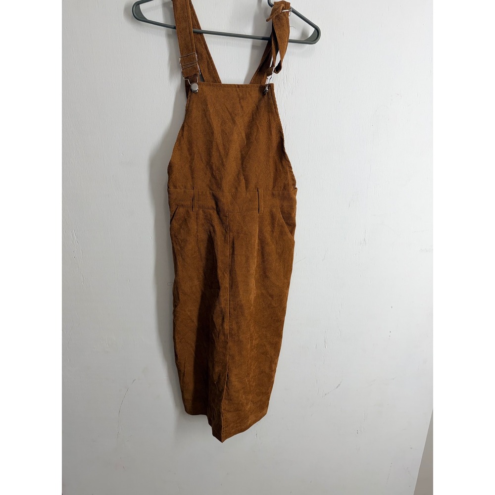 SHEIN Brown Corduroy Overall Pinafore Dress Women Small Pockets Adjustable Strap